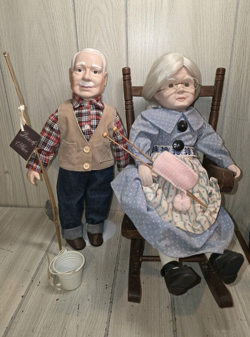 Vtg Grandma & Grandpa Porcelain Dolls 16” Fishing Knitting Senior Couple Stand
